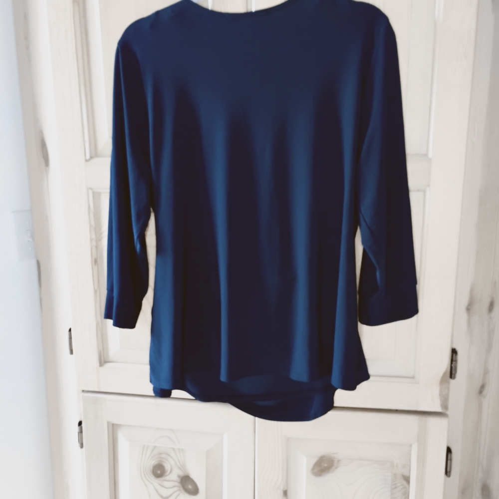R&M Richards Deep Blue Draped Women's Rhinestone Embellished Top - Picture 3 of 7